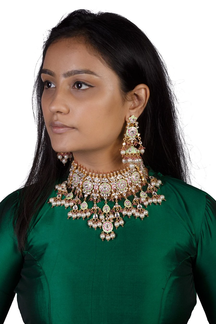 Riana Jewellery Green & Pink Meenakari Necklace Set 4 Riana Jewellery Green & Pink Meenakari Necklace Set - Image 2