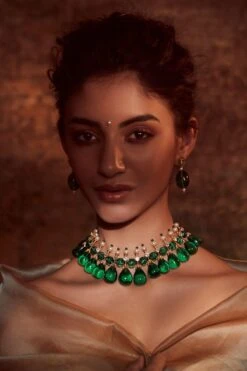 Tarun Tahiliani Accessories Emerald Handcrafted Wide Statement Necklace