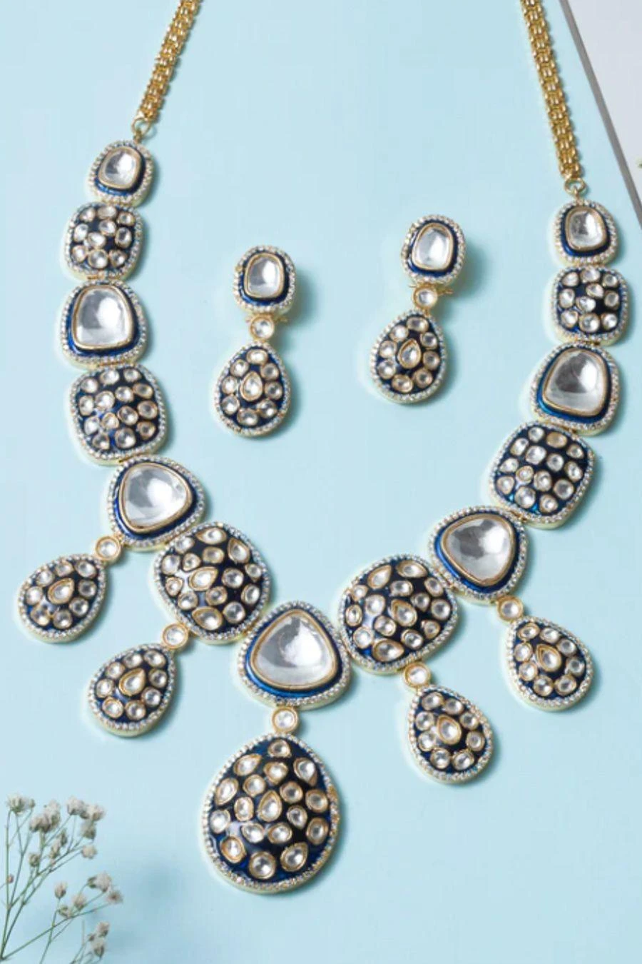 Zevar By Geeta Gold Kundan Floral Necklace Set 3 Zevar By Geeta Gold Kundan Floral Necklace Set