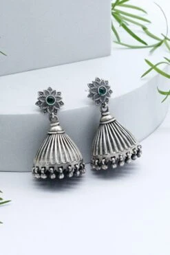 Sangeeta Boochra Silver & Emerald Floral Hand-crafted Jhumkas