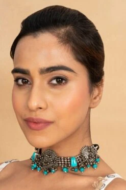 Zevar By Geeta Antique Silver Turquoise Choker