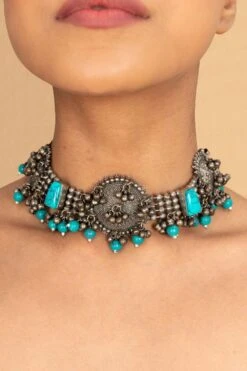 Zevar By Geeta Antique Silver Turquoise Choker -Celestiagem Jewelry Shop 3623zr4 3