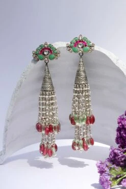 Sangeeta Boochra Pink & Emerald Stone Hanging Jhumka Earrings