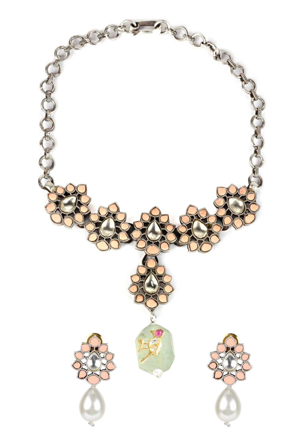 Sangeeta Boochra Silver Necklace Set With Peach Chalcedony Stone 4 Sangeeta Boochra Silver Necklace Set With Peach Chalcedony Stone - Image 2
